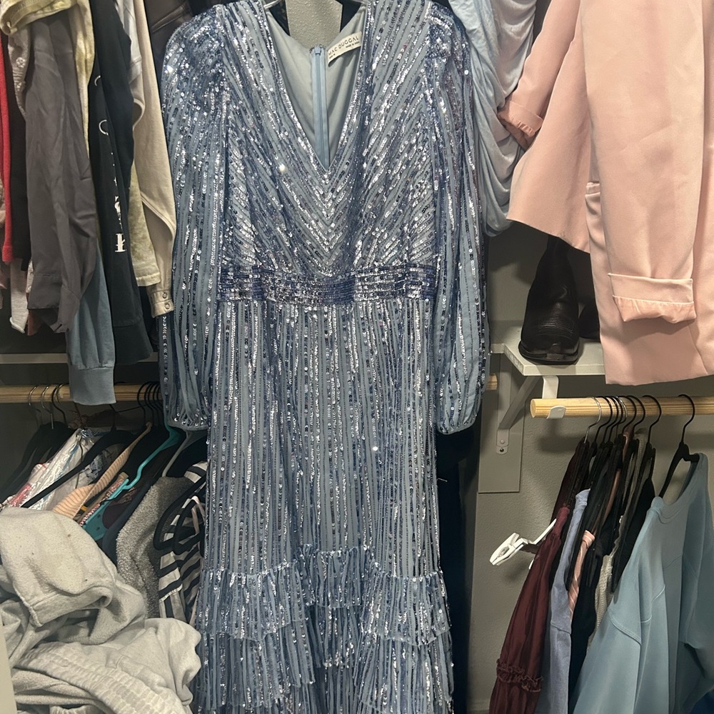 Mac Duggal Sparkling Light Blue Long Sleeve Dress